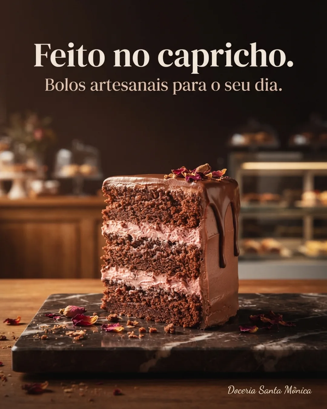 Post de confeitaria gerado pelo PostroAI: bolo artesanal com a frase Feito no capricho e a assinatura Doceria Santa Mônica